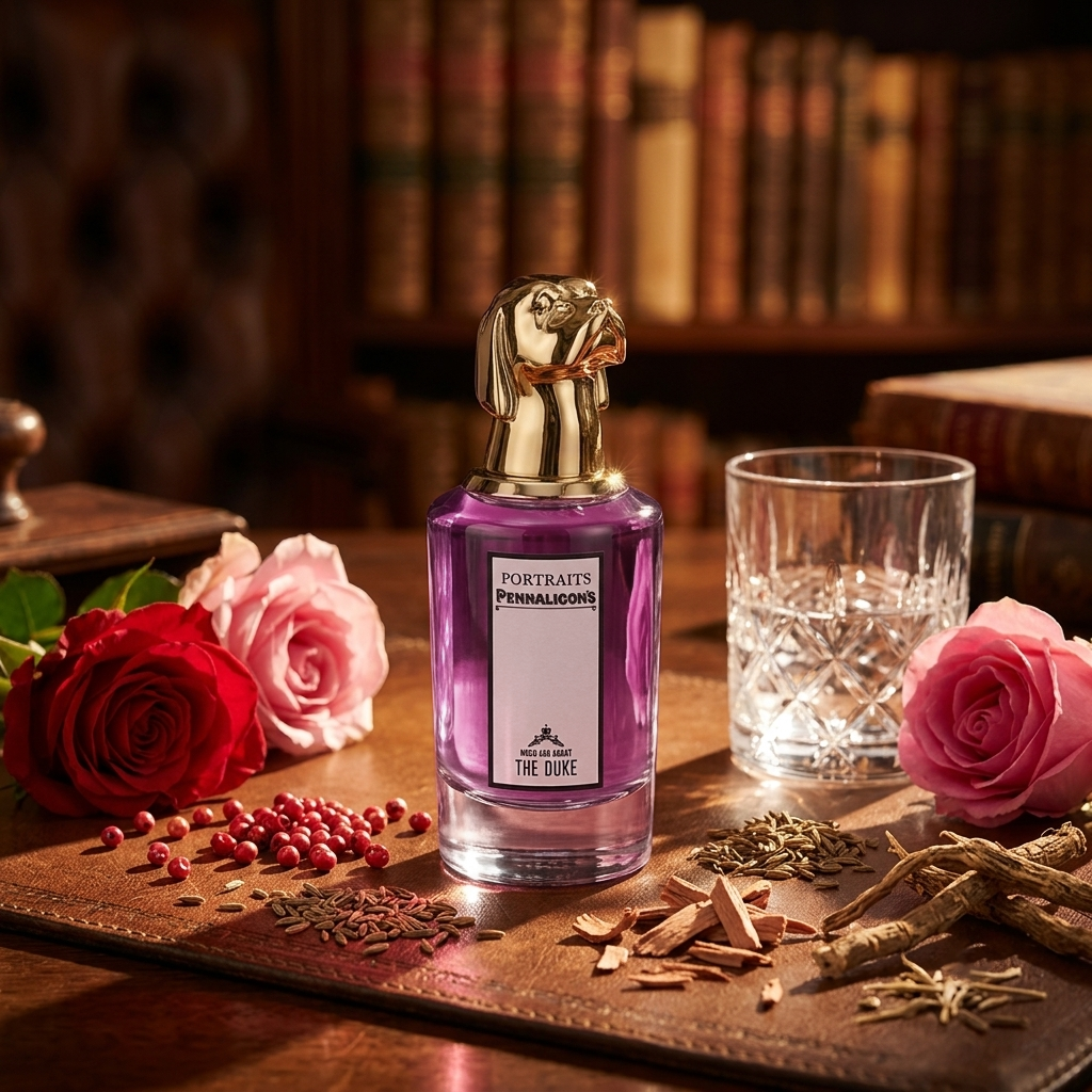 Frasco de Penhaligon's Much Ado About The Duke con tapón de sabueso dorado sobre cuero con rosa, ginebra, pimienta rosa, comino y cedro, estilo Casa Flores sin bordes.