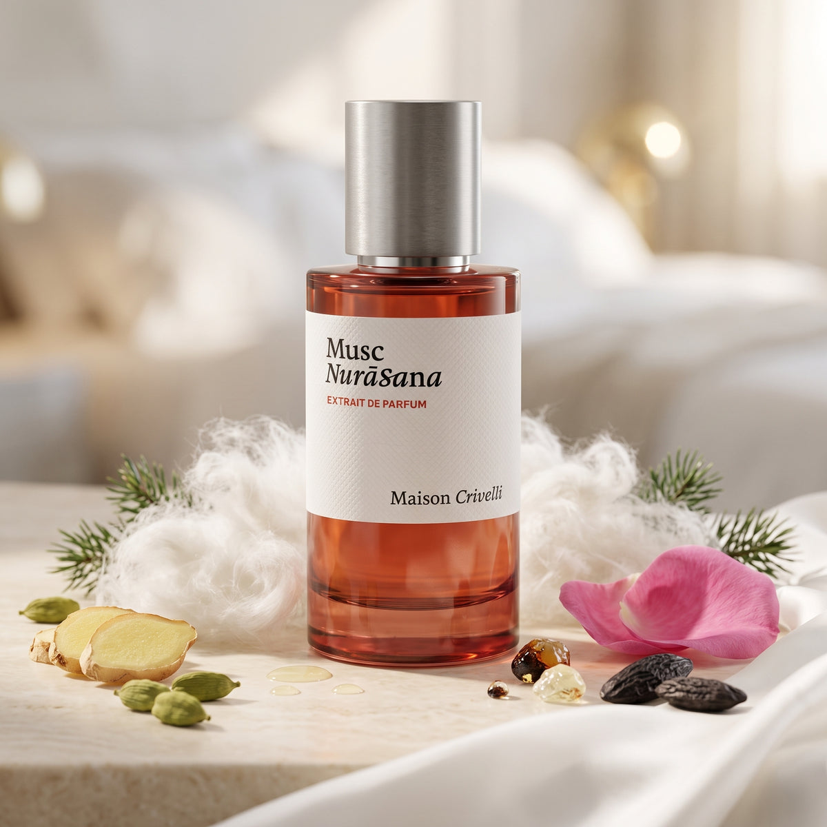 Frasco cilíndrico transparente con líquido ámbar rojizo, etiqueta blanca y tapón plateado mate de Musc Nurāsana de Maison Crivelli, rodeado de almizcle, rosa de Damasco e incienso, estilo Casa Flores.