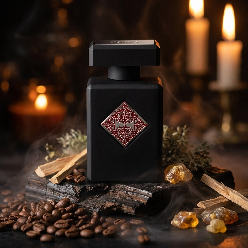 Frasco negro mate de Initio Mystic Experience con placa plateada y roja, sobre madera oscura con café, sándalo y ámbar, estilo Casa Flores.