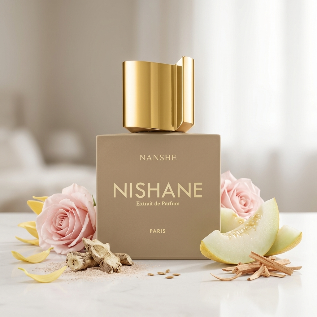 Frasco beige opaco de Nishane Nanshe con tapón dorado sobre mármol con raíz de lirio, flores, fruta acuática y semillas de zanahoria, estilo Casa Flores.
