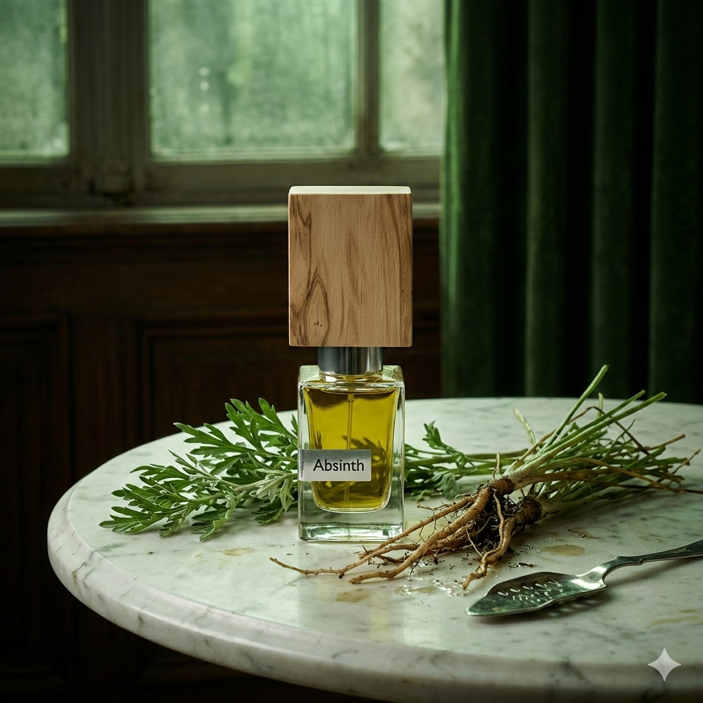 Frasco de Nasomatto Absinth en un café parisino antiguo de luz tenue, sobre una mesa de mármol con una cuchara de plata para ajenjo y un entorno de plantas verdes oscuras.