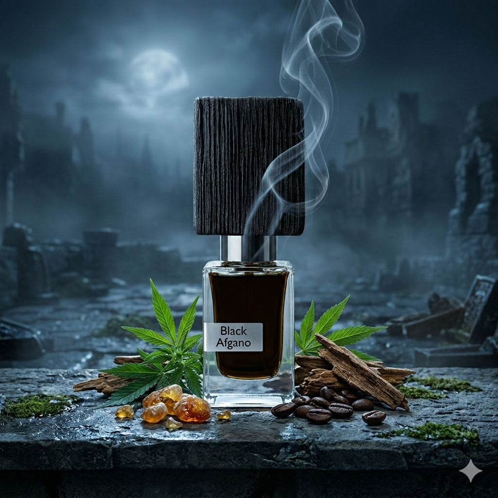 Frasco real de Black Afgano de Nasomatto sobre un bloque de madera de oud rústica y quemada, situado en una repisa de piedra fría de una torre gótica nocturna. A través de un ventanal arqueado con rejas de hierro se ve una ciudad antigua con neblina y luz de luna azulada. El entorno es rústico, frío y levemente desordenado, con hojas de cannabis frescas, granos de café negro y resinas densas rodeando la base. Un hilo de humo de incienso sube junto al tapón de madera. Fotorrealismo 1:1 para Casa Flores.