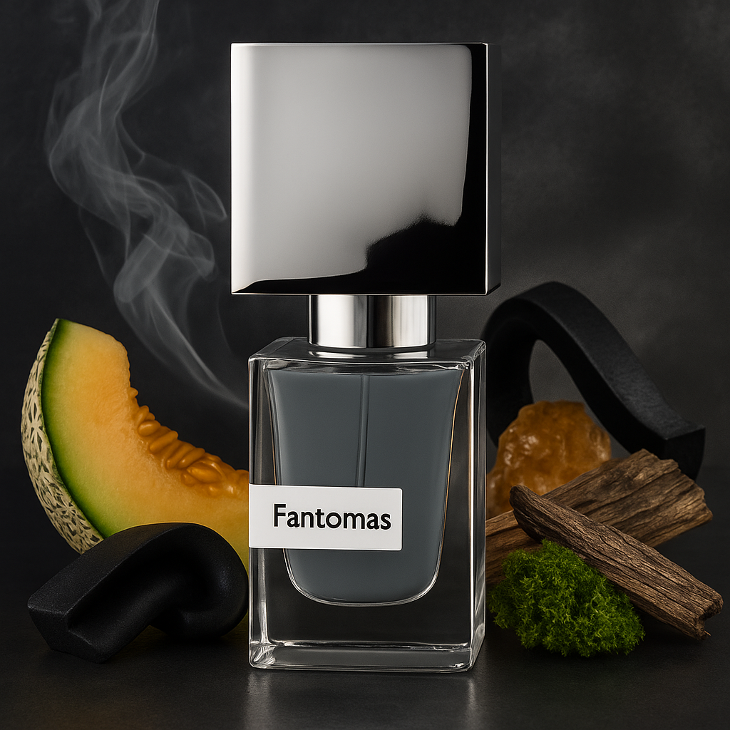 Frasco real de Fantomas de Nasomatto con su tapón plateado reflectante, sobre una superficie de metal pulido, rodeado de rodajas de melón fresco, humo ligero y texturas de caucho. Fotorrealismo 1:1 para Casa Flores.
