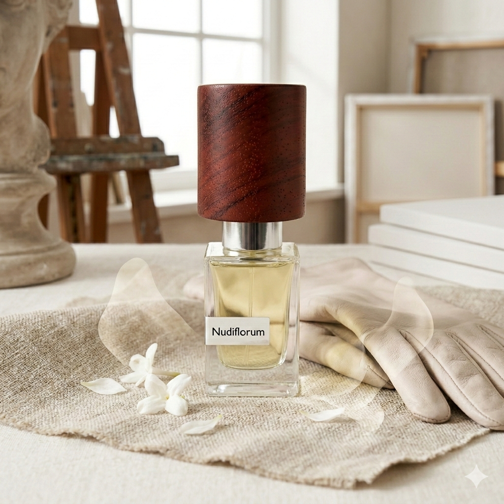 Frasco de Nasomatto Nudiflorum sobre una superficie de lino orgánico texturizado en un espacio minimalista inundado de luz natural suave, con sutiles elementos de cuero y pétalos de jazmín blanco.