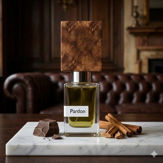 Frasco de Nasomatto Pardon con tapón de madera de raíz sobre mármol blanco, con chocolate negro y canela en un club de caballeros de lujo.