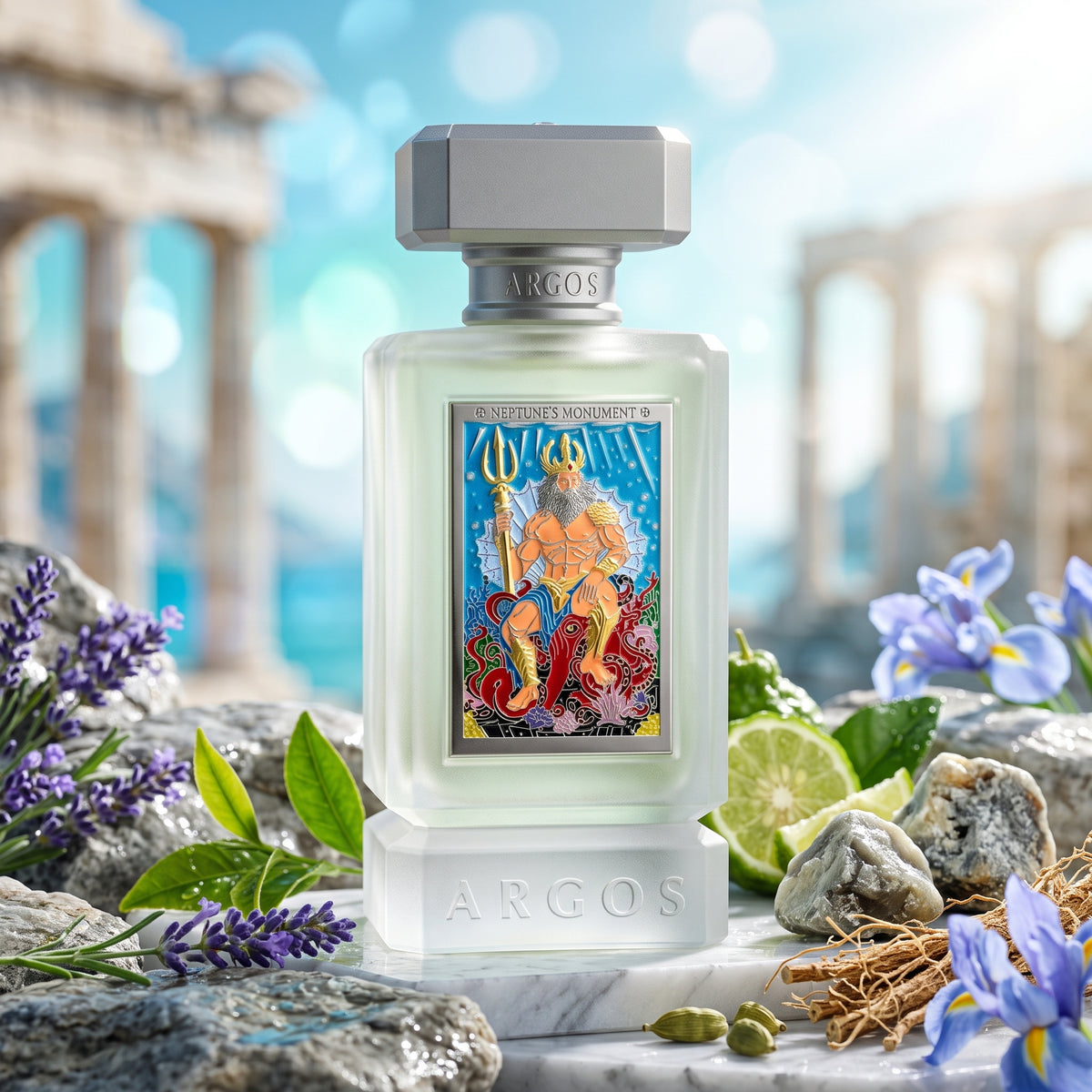 Frasco esmerilado de Neptune's Trident de Argos con placa de dios marino sobre rocas con lavanda, té verde y ámbar gris, estilo Casa Flores.