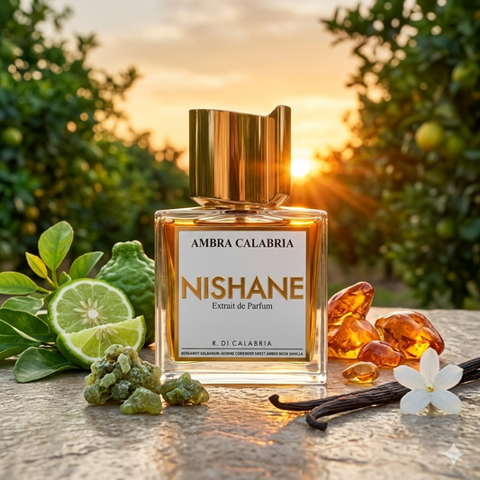 Frasco de Nishane Ambra Calabria sobre mármol con bergamota de Calabria, hojas verdes frescas, ámbar dulce y vainilla, estilo Casa Flores.