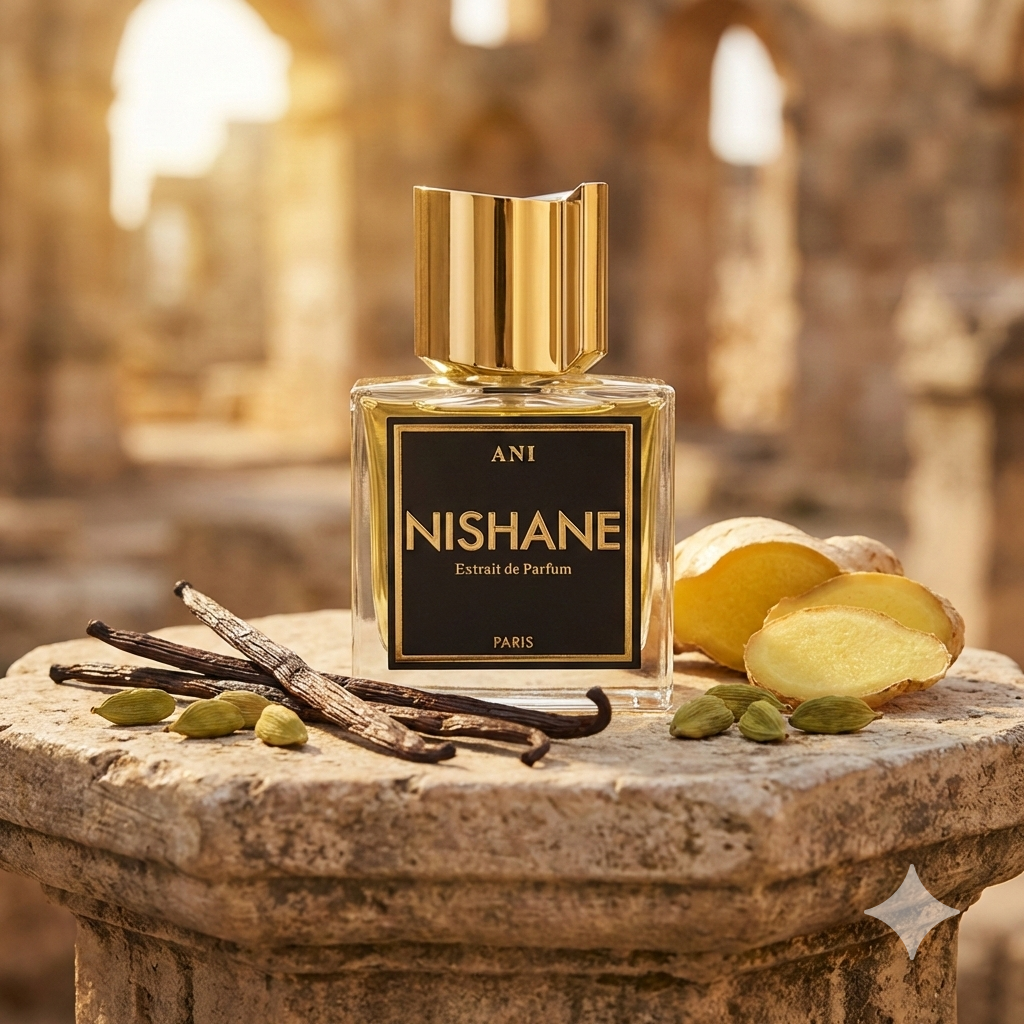 Frasco elegante del perfume Nishane Ani Extrait de Parfum rodeado de exuberantes vainas de vainilla, raíz de jengibre azul y cardamomo en un entorno cálido e histórico.