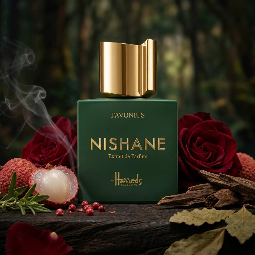 Frasco verde oscuro mate de Nishane Favonius sobre madera oscura con lichi, rosa, incienso y madera de oud, estilo Casa Flores.