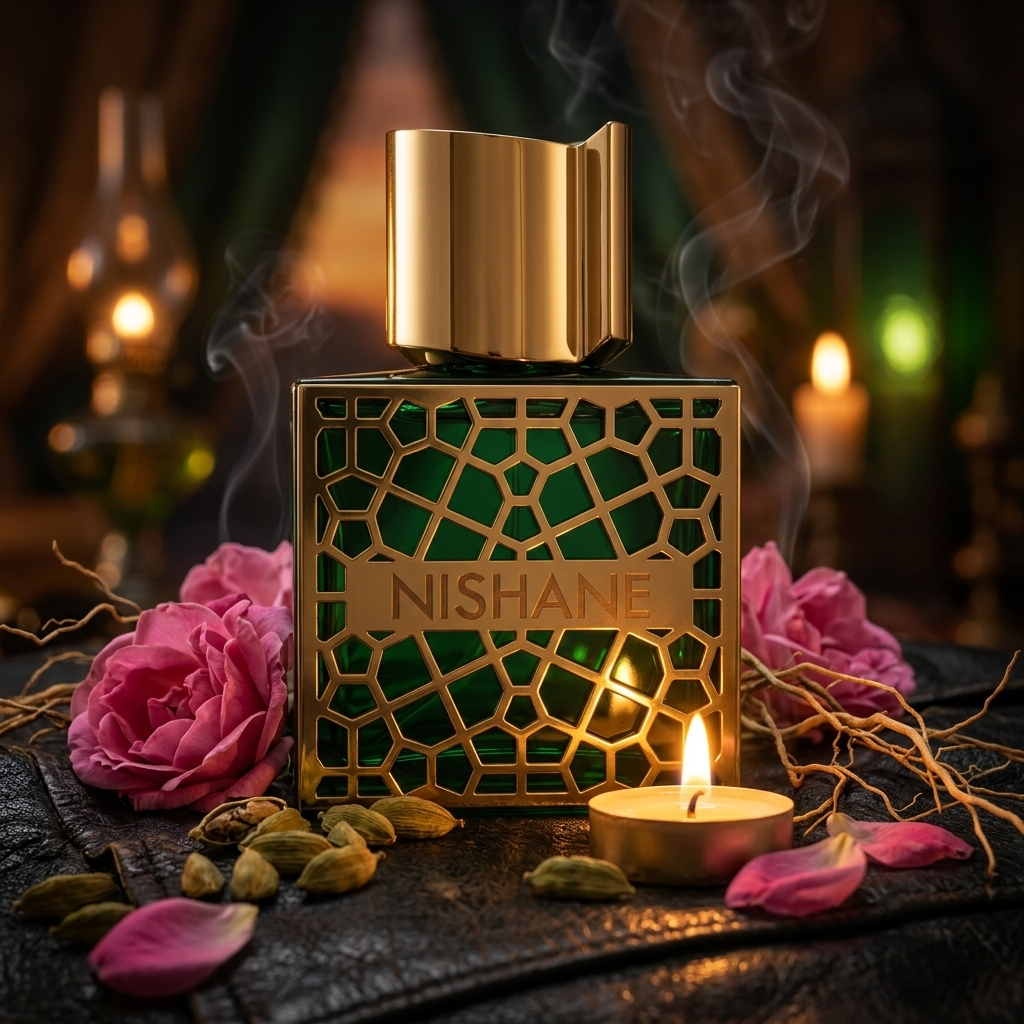 Frasco joya con celosía dorada y cristal verde de Nishane Shem sobre cuero negro con rosa turca y vela encendida, estilo Casa Flores.