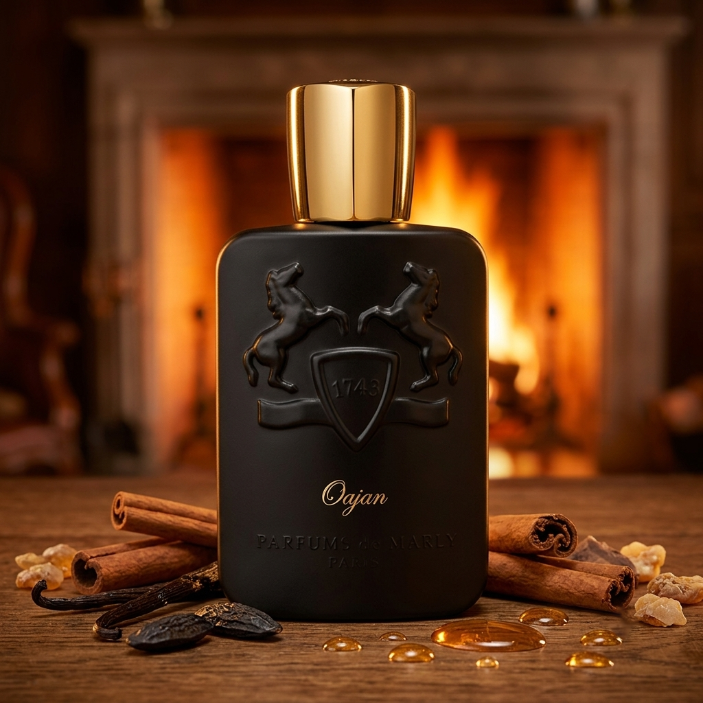 Frasco negro y dorado de Parfums de Marly Oajan sobre madera oscura con canela, miel y vainilla, estilo Casa Flores.