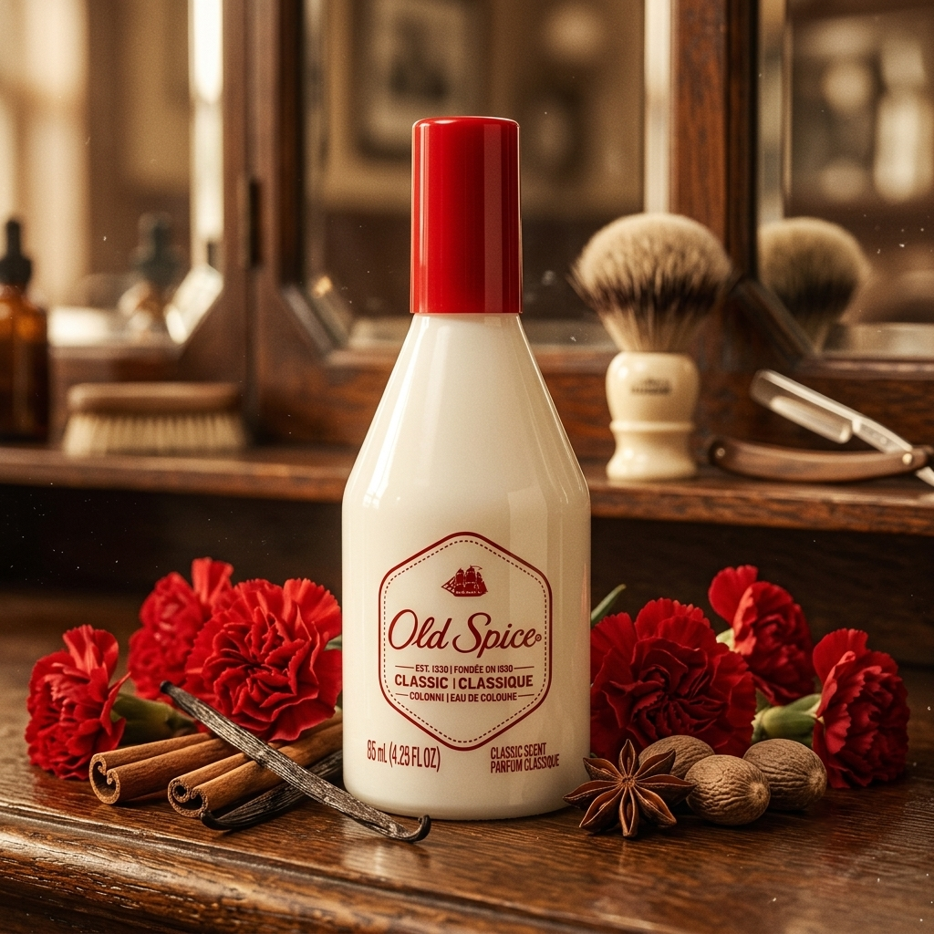 Frasco clásico blanco de Old Spice con velero rojo sobre madera de barbería con clavel, canela y nuez moscada, estilo Casa Flores.