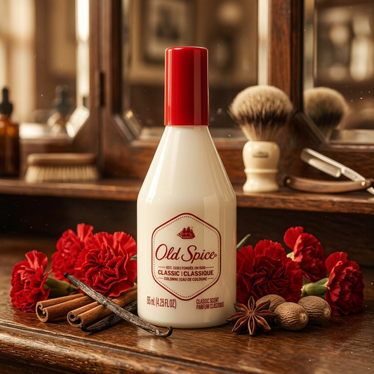 Frasco clásico blanco de Old Spice con velero rojo sobre madera de barbería con clavel, canela y nuez moscada, estilo Casa Flores.