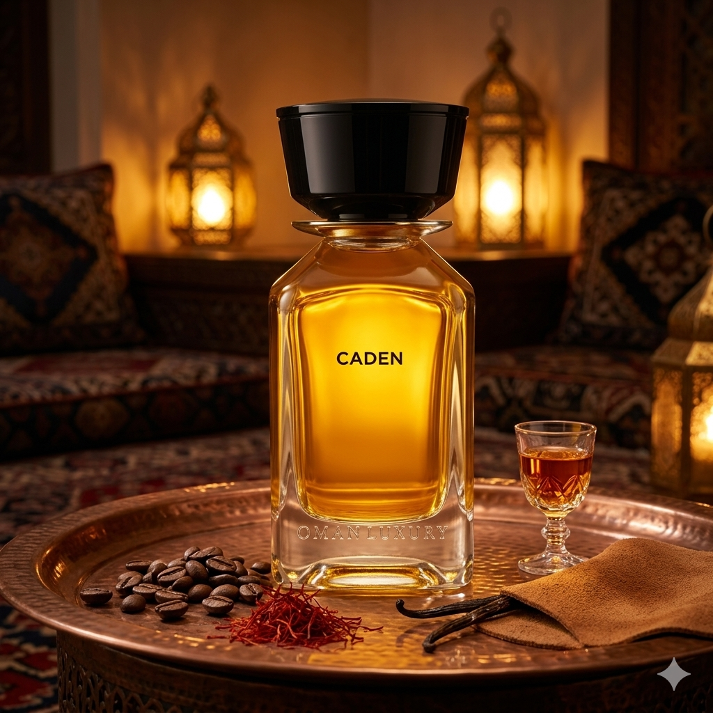 Frasco de perfume Omanluxury Caden rodeado de granos de café, cuero y vainilla, estilo Casa Flores.