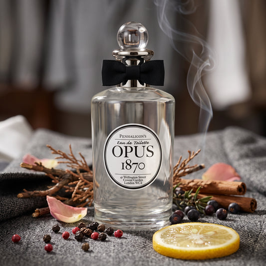Frasco clásico de Opus 1870 de Penhaligon's con lazo negro sobre madera oscura con yuzu, pimienta y cedro, estilo Casa Flores.