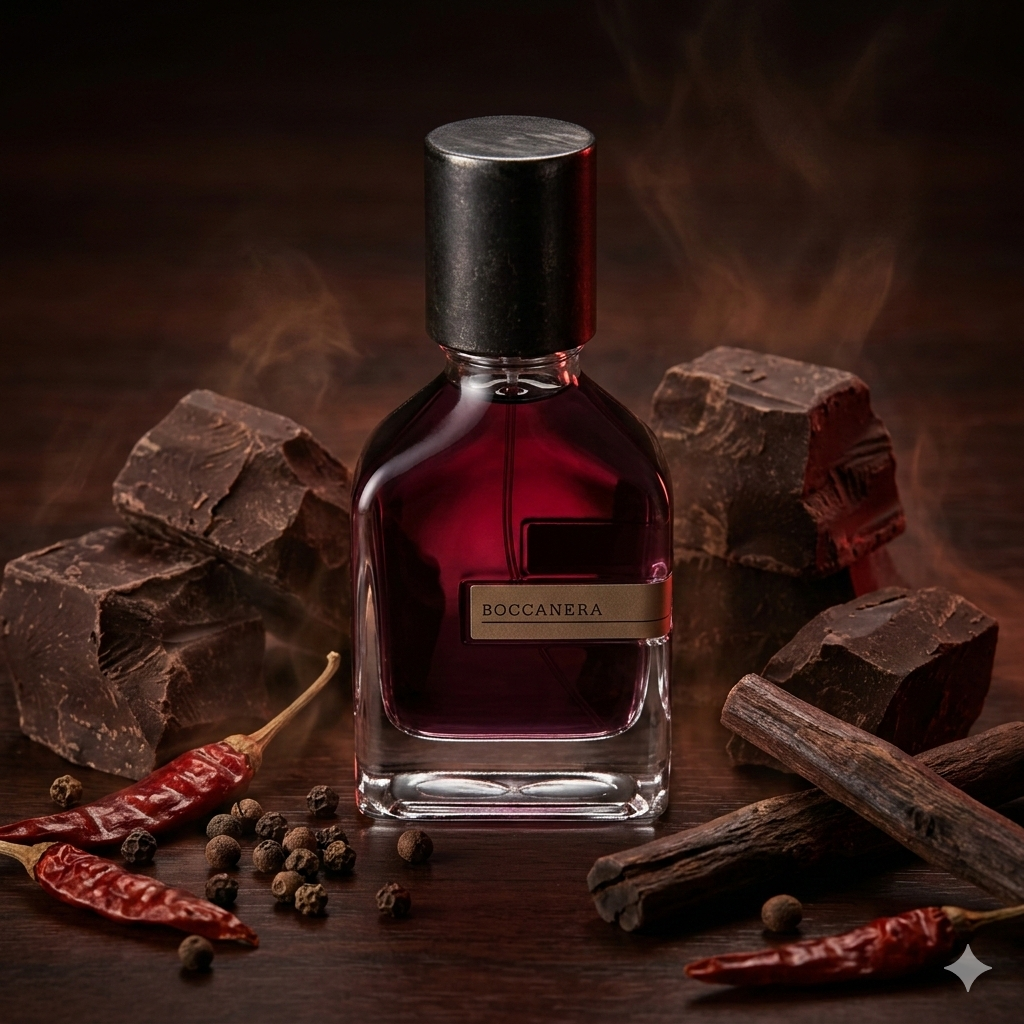 Frasco de Orto Parisi Boccanera sobre una superficie de chocolate negro roto, rodeado de chiles rojos secos y ramas de sándalo en una atmósfera íntima y sombría.