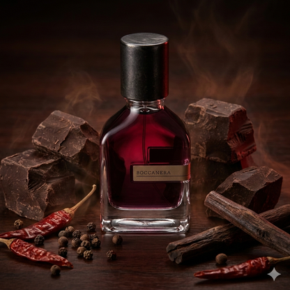 Frasco de Orto Parisi Boccanera sobre una superficie de chocolate negro roto, rodeado de chiles rojos secos y ramas de sándalo en una atmósfera íntima y sombría.