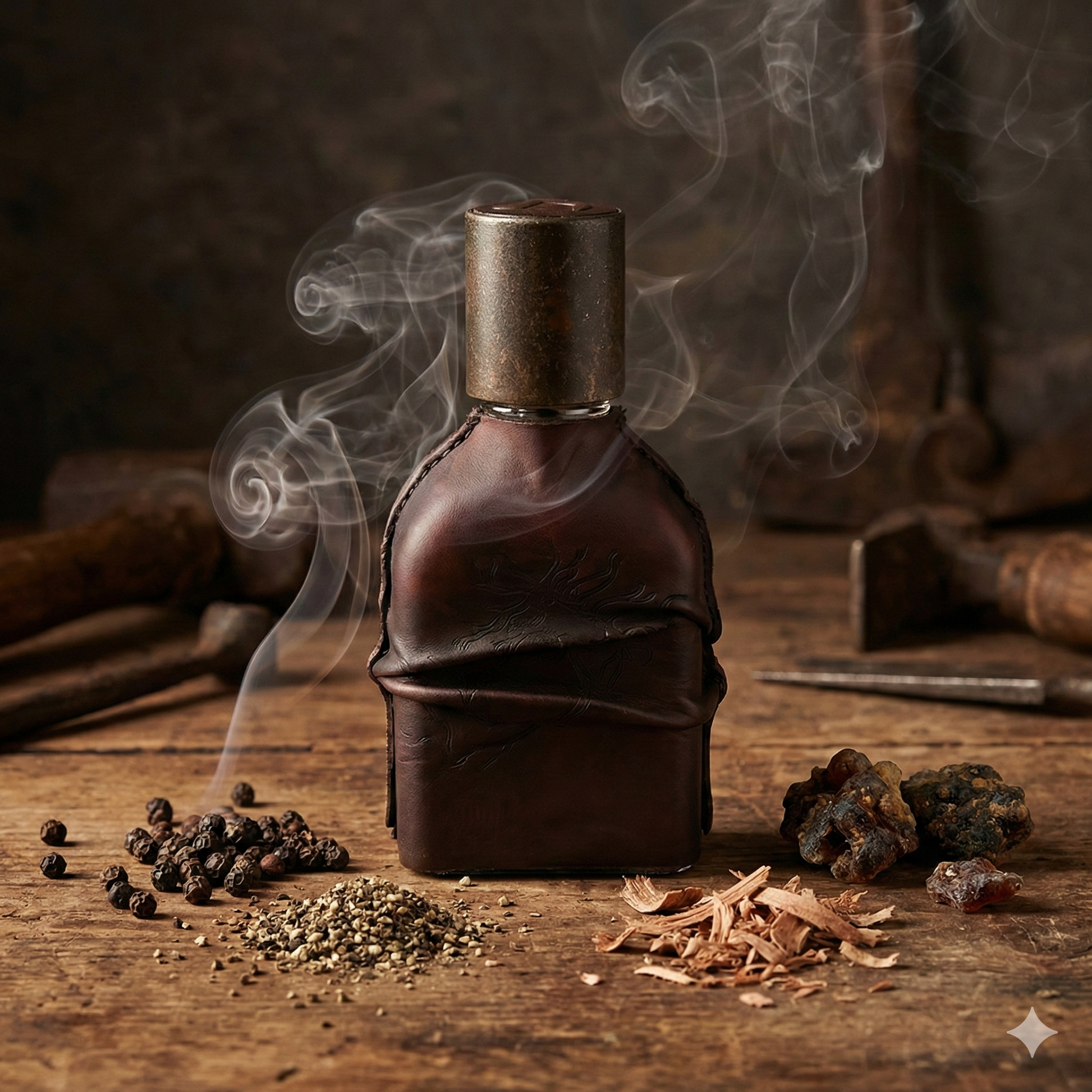Frasco de perfume Orto Parisi Cuoium con su tapón de metal oxidado y funda de cuero marrón.