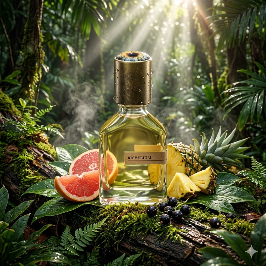 Frasco de Orto Parisi Risvelium en una selva tropical bajo el sol, estilo Casa Flores.