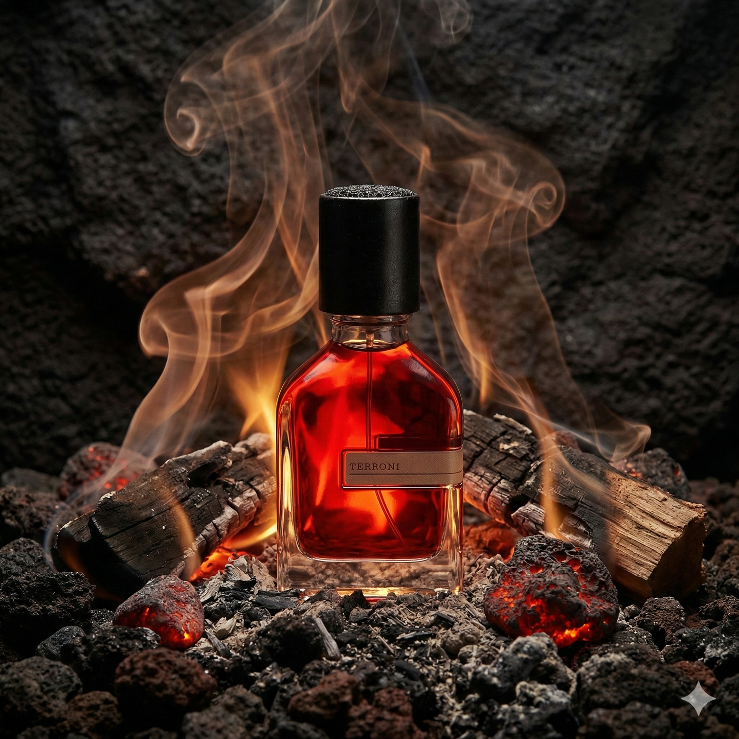 Frasco de perfume Orto Parisi Terroni con líquido rojo oscuro y tapón con textura de lava.