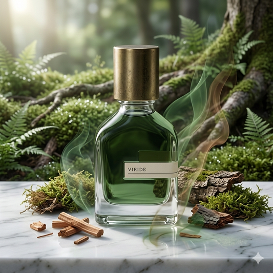 Frasco de Orto Parisi Viride con tapón de bronce sobre mármol blanco, rodeado de musgo salvaje y raíces en un bosque húmedo al amanecer.