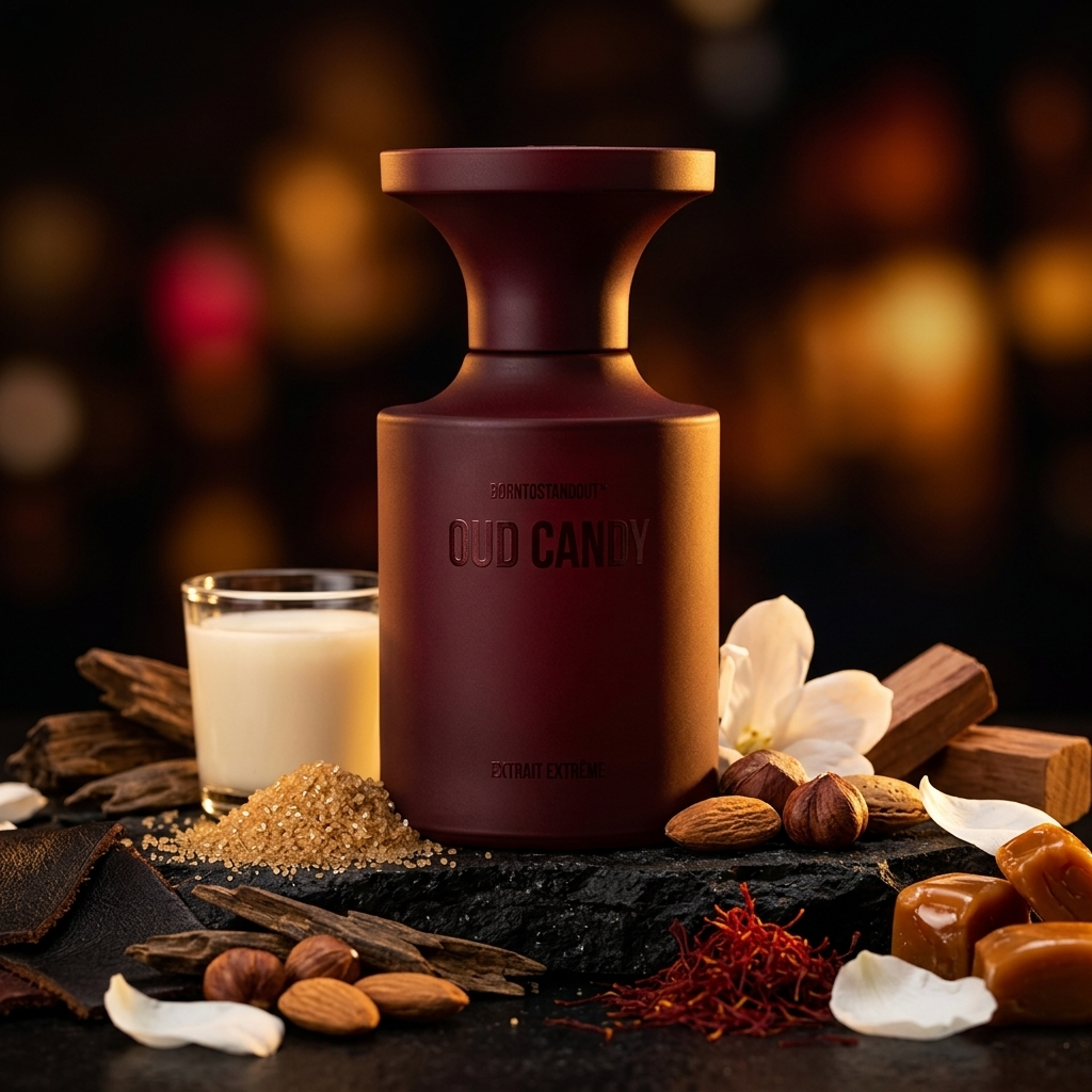 Frasco borgoña mate de BORNTOSTANDOUT Oud Candy sobre madera oscura con azúcar moreno, azafrán, cuero y madera de oud, estilo Casa Flores.