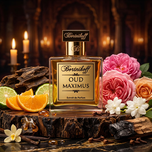 Frasco de cristal con placa dorada de Oud Maximus de Bortnikoff, rodeado de madera de oud, rosas, jazmín y resinas, estilo Casa Flores.