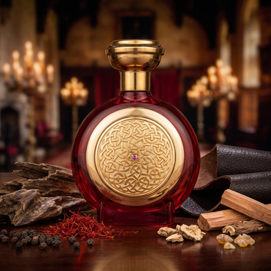 Frasco rojo circular con escudo dorado de Oud Sapphire de Boadicea the Victorious sobre madera con cuero, azafrán y madera de oud, estilo Casa Flores