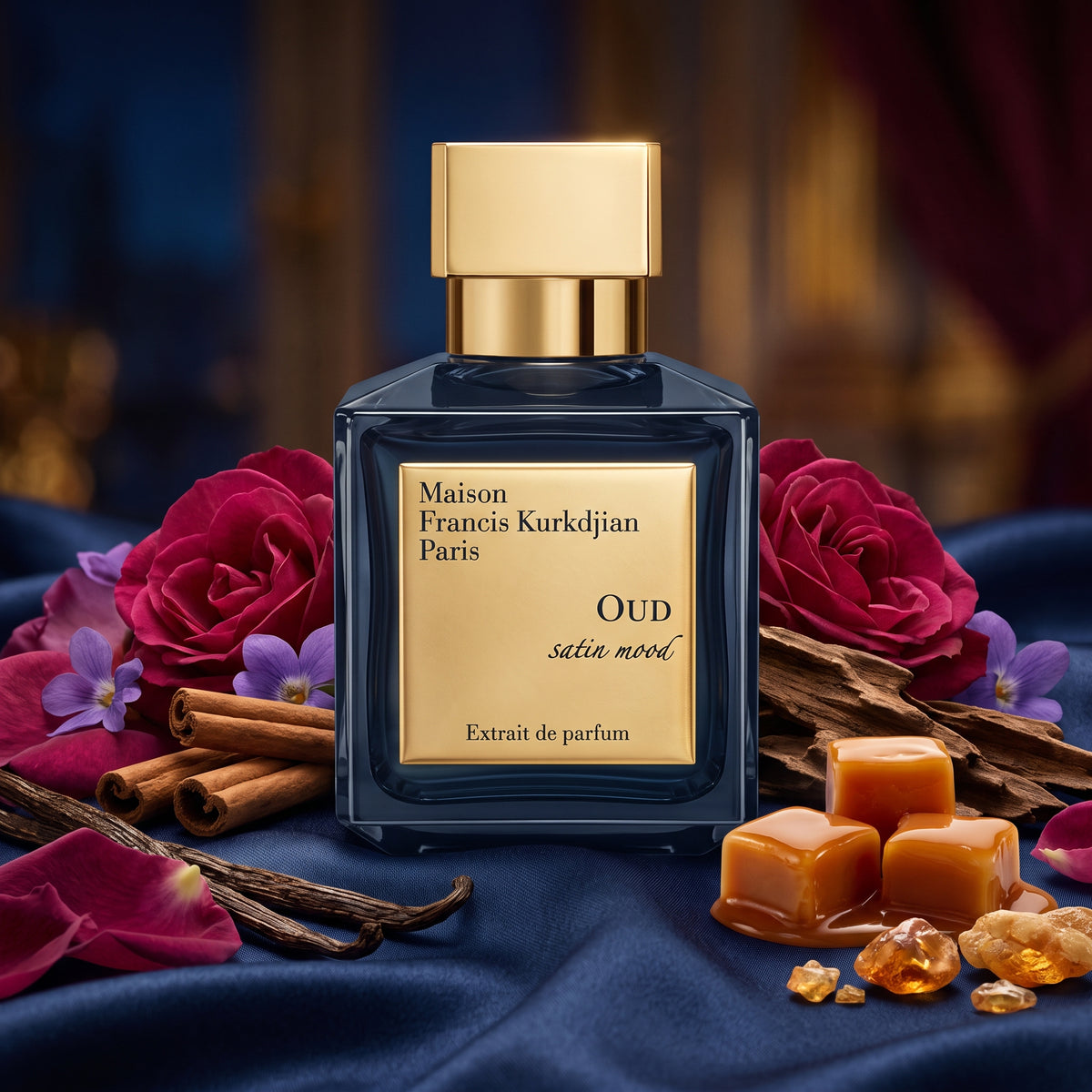 Frasco cuadrado de cristal azul oscuro con tapón y etiqueta dorada de Oud Satin Mood Extrait de Parfum de Maison Francis Kurkdjian, rodeado de rosas, oud, vainilla, violeta y caramelo, estilo Casa Flores.