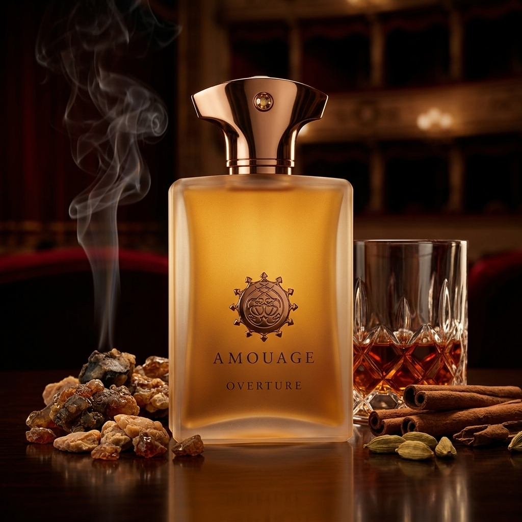 Frasco esmerilado ámbar de Amouage Overture Man sobre madera oscura con coñac, mirra, incienso y especias, estilo Casa Flores.