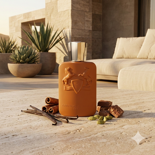 Frasco ámbar del perfume Parfums de Marly Althaïr rodeado de vainas de vainilla, canela y praliné.