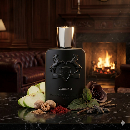 Botella negra mate de Parfums de Marly Carlisle sobre mármol oscuro, rodeada de manzana verde, nuez moscada, azafrán, hojas de pachulí y vainas de vainilla, en un exclusivo club privado londinense.