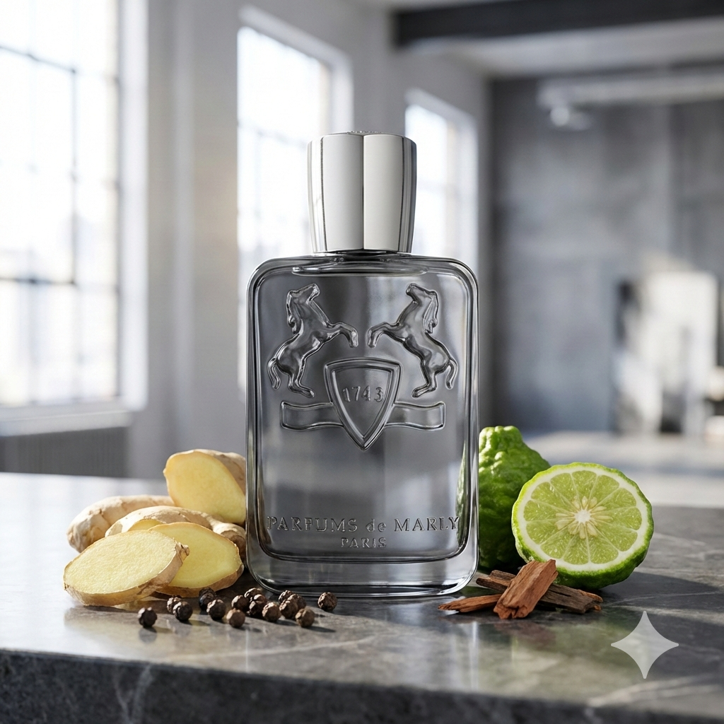 Frasco de vidrio ahumado transparente del perfume Parfums de Marly Castley rodeado de jengibre fresco, bergamota y maderas sobre un fondo elegante.