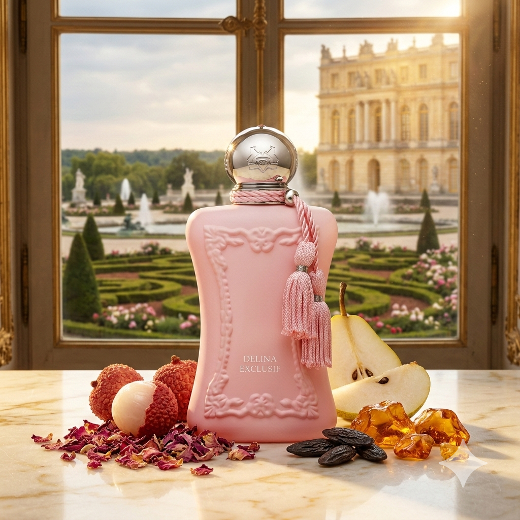 Frasco rosado mate de Parfums de Marly Delina Exclusif sobre mármol claro, rodeado de rosas de Turquía, lichi frescos, pera, haba tonka y ámbar, con el fondo del palacio de Versalles.