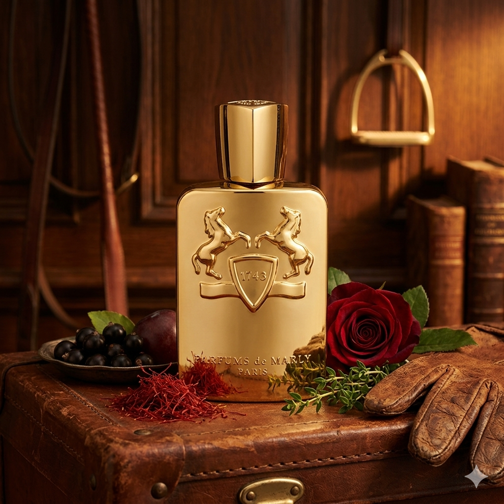 Frasco dorado de Parfums de Marly Godolphin sobre cuero oscuro con azafrán y frutas, estilo Casa Flores.