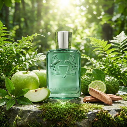 Frasco verde del perfume Parfums de Marly Greenley rodeado de manzanas verdes, cítricos y maderas en un bosque.