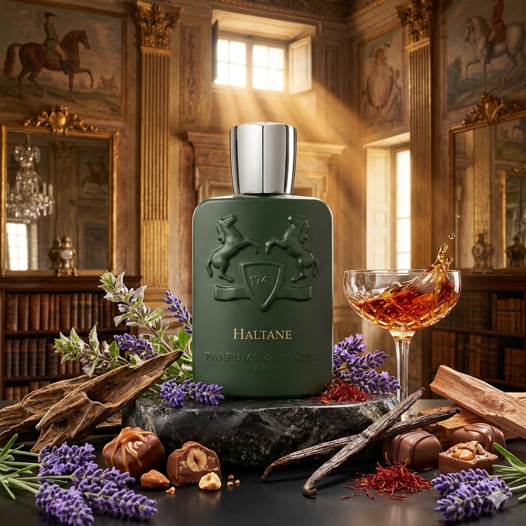 Ornata botella verde oscuro mate de Parfums de Marly Haltane sobre una superficie de mármol crema con veteado dorado, rodeada de lavanda aromática, hebras de azafrán, maderas de cedro, oud natural, esclarea y praliné, con el fondo de una suntuosa biblioteca ecuestre histórica francesa.