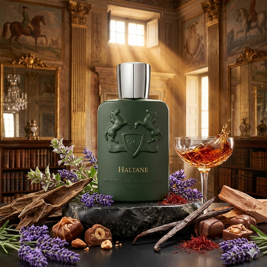 Ornata botella verde oscuro mate de Parfums de Marly Haltane sobre una superficie de mármol crema con veteado dorado, rodeada de lavanda aromática, hebras de azafrán, maderas de cedro, oud natural, esclarea y praliné, con el fondo de una suntuosa biblioteca ecuestre histórica francesa.
