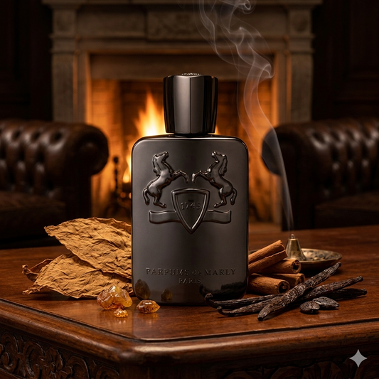 Frasco oscuro de Parfums de Marly Herod en un antiguo salón de fumadores con hoja de tabaco, vainilla y canela, estilo Casa Flores.