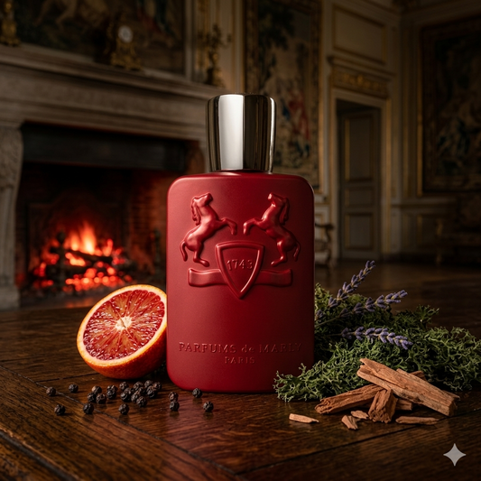 Frasco rojo rubí de Parfums de Marly Kalan sobre madera oscura con naranja sanguina, granos de pimienta negra, lavanda y musgo, estilo Casa Flores.