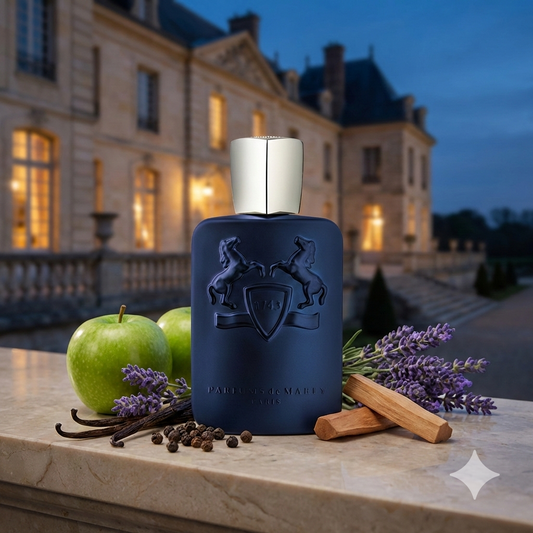 Frasco azul mate del perfume Parfums de Marly Layton rodeado de manzana, vainilla y especias en un entorno elegante.