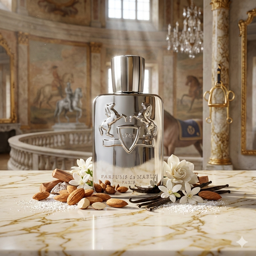 Ornata botella plateada y cromada de Parfums de Marly Pegasus sobre una superficie de mármol crema con veteado dorado, rodeada de almendras tostadas, vainas de vainilla Bourbon, sándalo y flores de jazmín, con el fondo de un lujoso picadero ecuestre histórico francés.