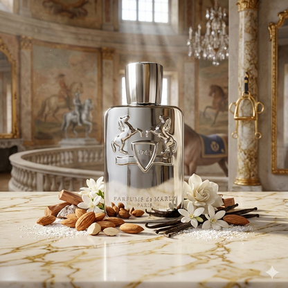 Ornata botella plateada y cromada de Parfums de Marly Pegasus sobre una superficie de mármol crema con veteado dorado, rodeada de almendras tostadas, vainas de vainilla Bourbon, sándalo y flores de jazmín, con el fondo de un lujoso picadero ecuestre histórico francés.