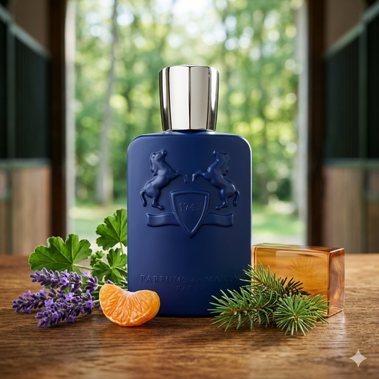 Frasco azul marino de Parfums de Marly Percival sobre madera de roble real con lavanda, bergamota y maderas nobles, estilo Casa Flores.