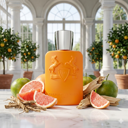 Frasco amarillo mate de Parfums de Marly Perseus sobre mármol blanco, rodeado de pomelo rosado, mandarinas, raíces de vetiver y maderas secas, con un luminoso invernadero real del siglo XVIII de fondo.