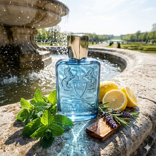 Frasco azul transparente de Parfums de Marly Sedley sobre la piedra de una fuente clásica con menta, limón y lavanda, estilo Casa Flores.