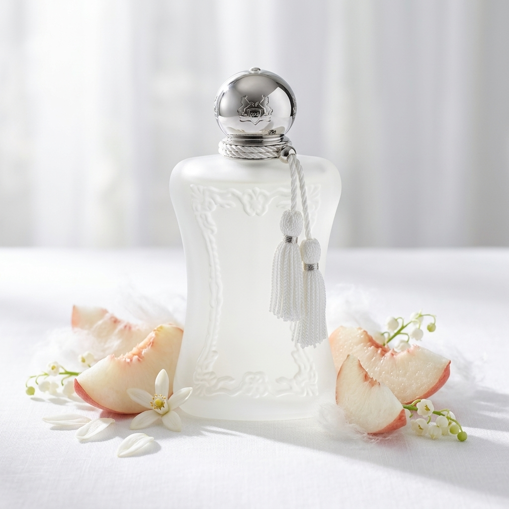 Frasco blanco esmerilado con borla de Parfums de Marly Valaya sobre fondo claro con melocotón y flores blancas, estilo Casa Flores.