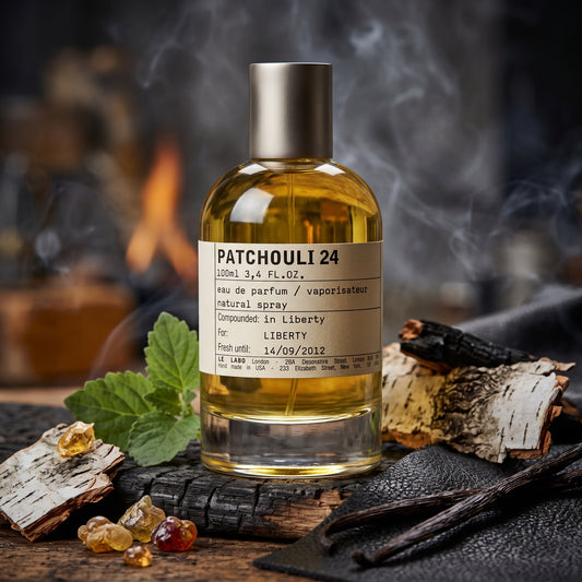 Frasco de botica de Patchouli 24 de Le Labo con etiqueta de laboratorio sobre madera carbonizada con abedul, styrax y vainilla, estilo Casa Flores.