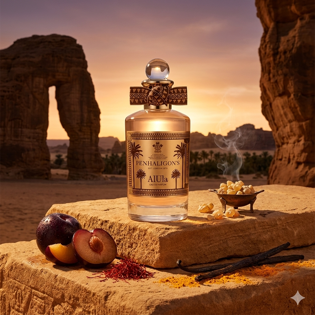 Frasco de Penhaligon's AlUla en un oasis del desierto con incienso humeante, ciruela fresca, azafrán y vainilla, estilo Casa Flores.