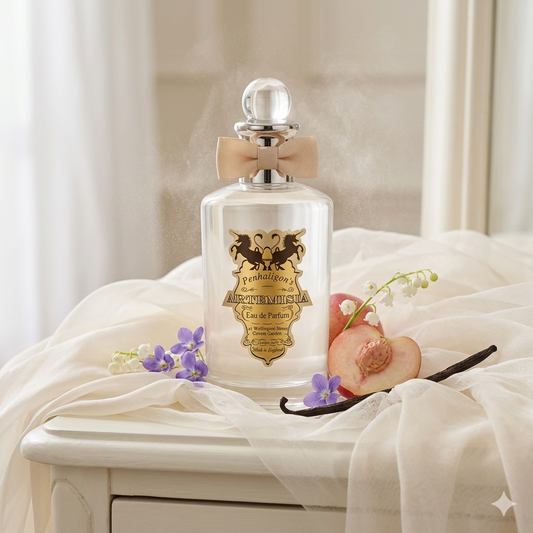 Frasco de Penhaligon's Artemisia sobre seda blanca con flores de violeta, lirio de los valles, nectarina y vainilla, estilo Casa Flores.